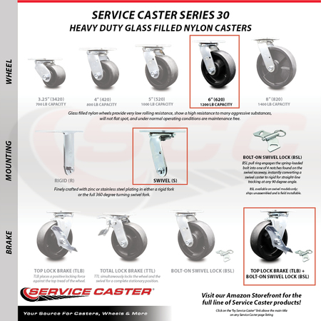 Service Caster 6 Inch SS Glass Filled Nylon Caster Set with Roller Bearings & Brake/Swivel Lock SCC-SS30S620-GFNR-TLB-BSL-4